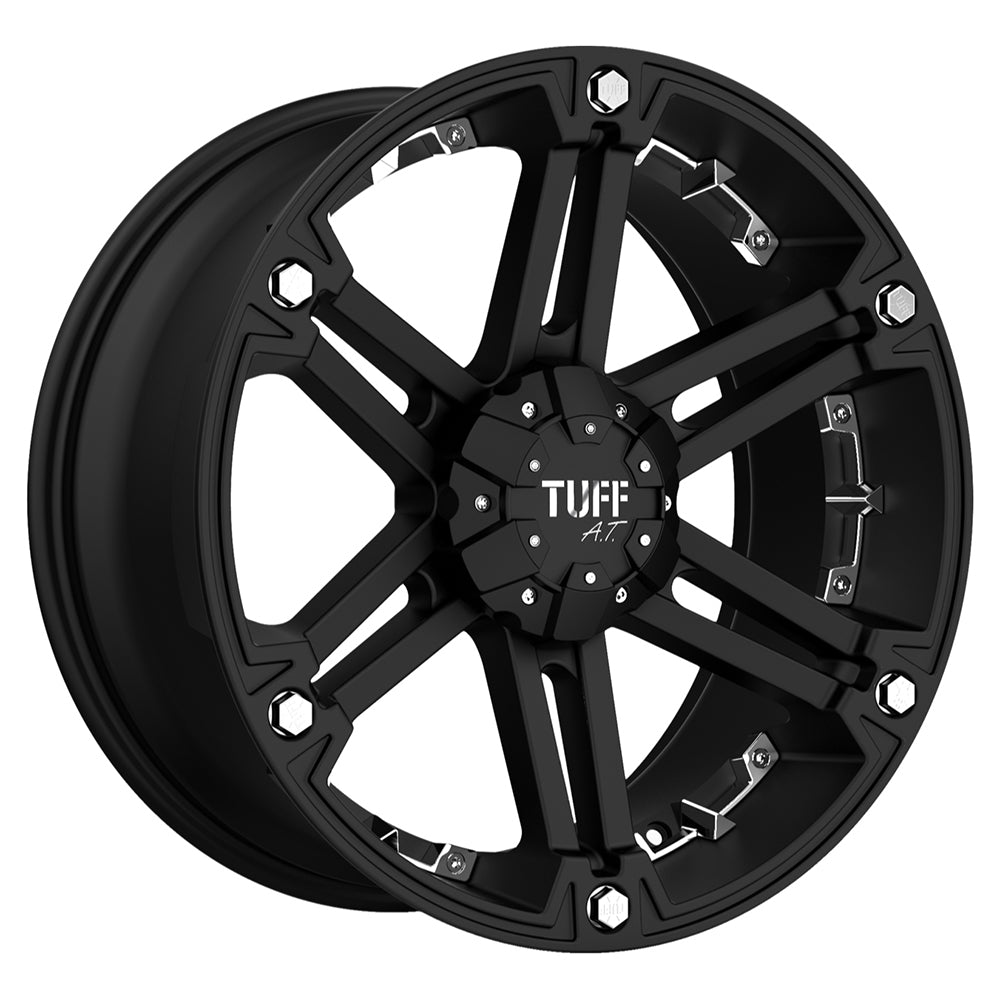 18x9 Tuff T01 FLAT BLACK W/ CHROME INSERTS Wheel 8X6.5 (-6mm)