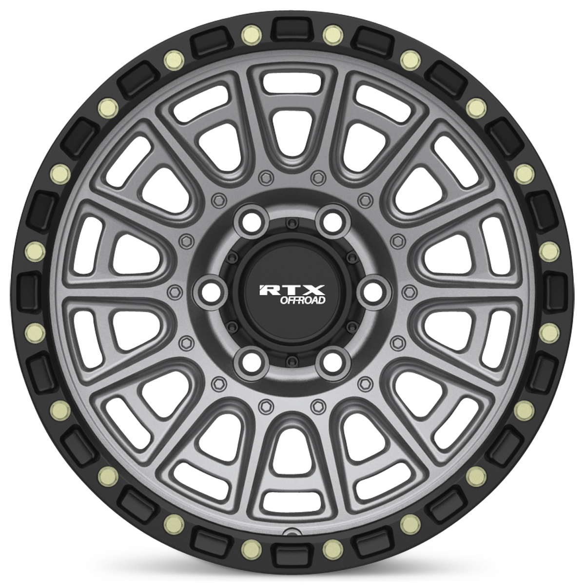 17x8.5 RTX Striker Matte Gunmetal Black Lip and Milled Rivets Wheel 6x5.5 (10mm)