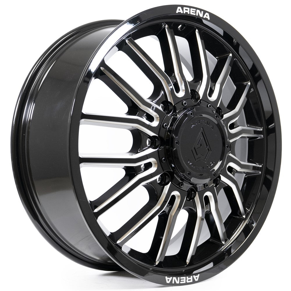 22x8.25 Arena A113 Thunder Gloss Black Milled DUALLY FRONT Wheel 8x210 (105mm)