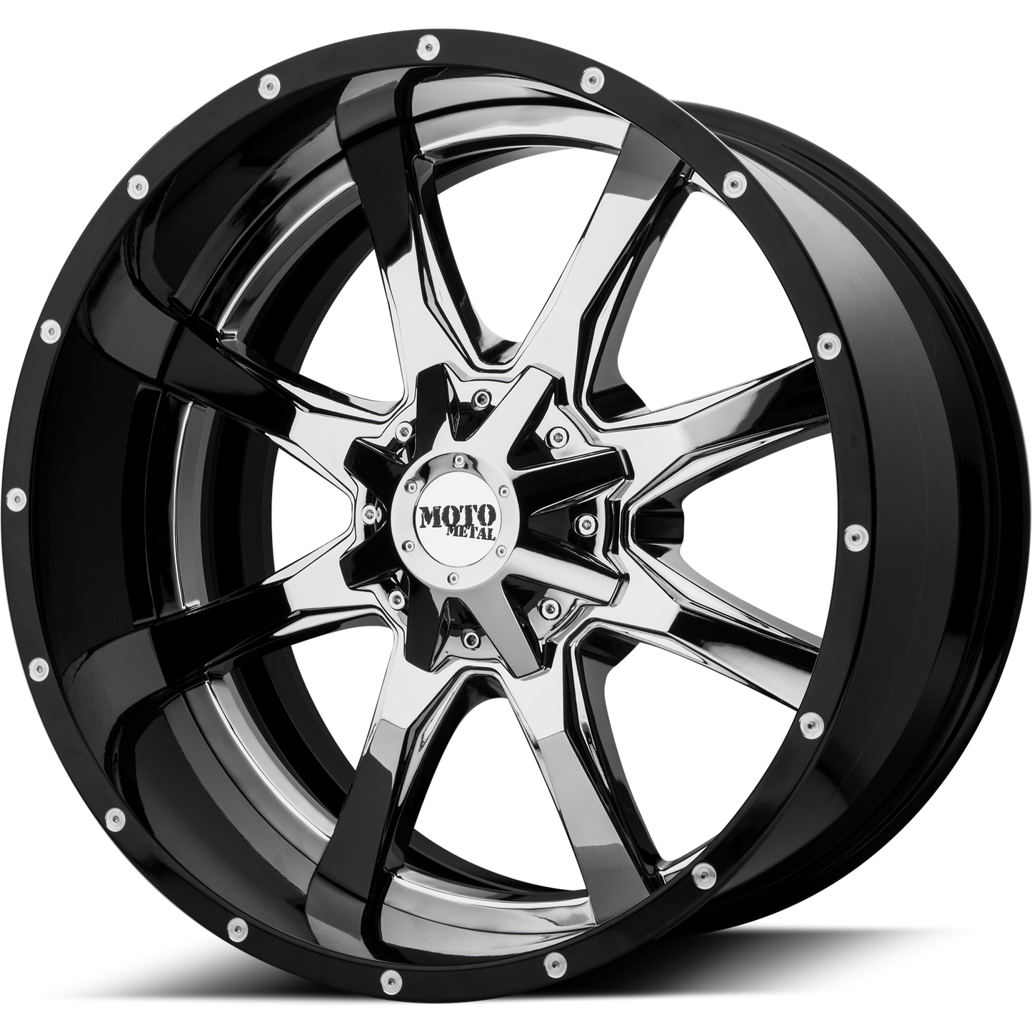 20x10 Moto Metal MO201 Chrome Ctr Gloss Blk Mill Lip Wheel 5x5/5x5.5 (-18mm)