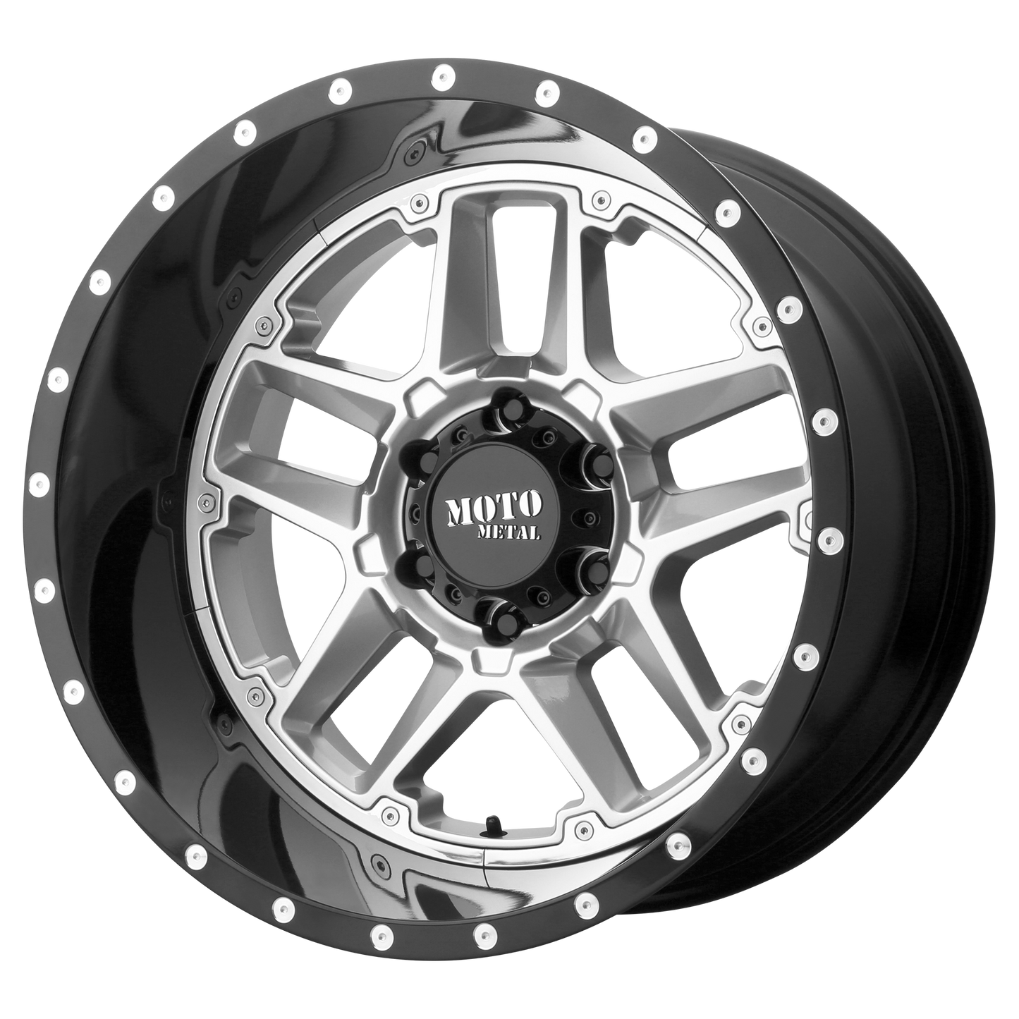 16x8 Moto Metal MO987 SENTRY Gloss Silv Ctr Gloss Blk Lip Wheel 5x4.5 (-6mm)