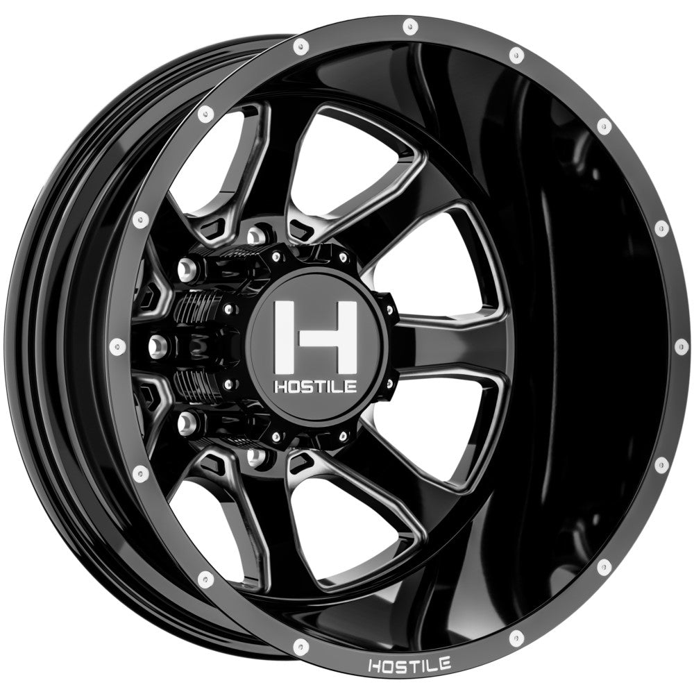 20x8.25 Hostile H403 Kodiak Dually Rear Gloss Blk Milled Wheel 8x200 (-221mm)