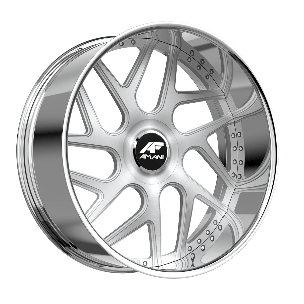 Amani Forged Apollo-L 30x9 6x135 6x139.7 +15 Cb 87.1 Brush Center Chrome Lip Large XL Cap Round
