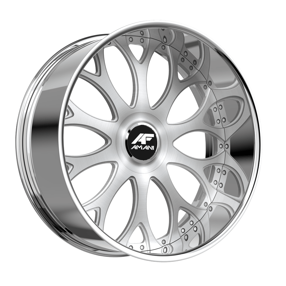 Amani Forged TANGO 26x10 5x120 5x127 +5 Cb 78.1 Brush Center Chrome Lip Large XL Cap Flat