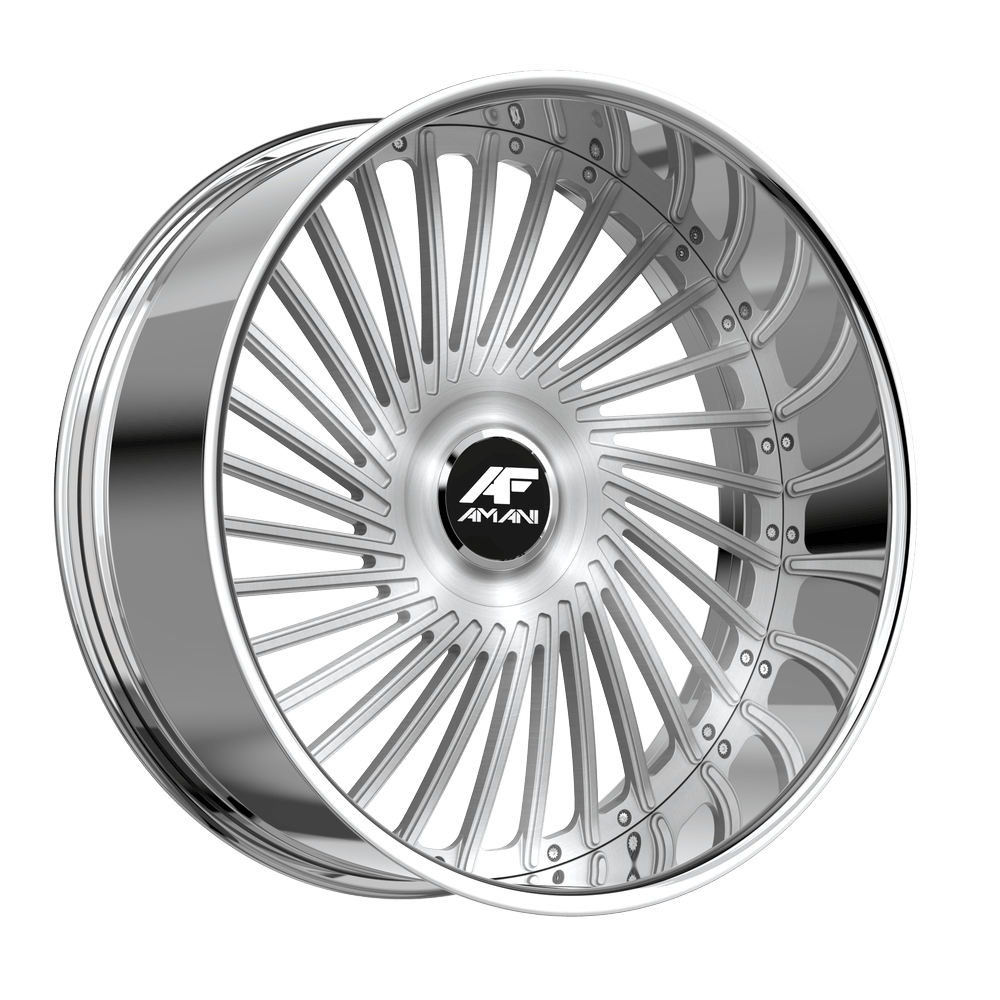 Amani Forged CHILE-L 24x9.5 5x Blank -12 Cb 73.1 Brush Center Chrome Lip Large XL Cap Flat