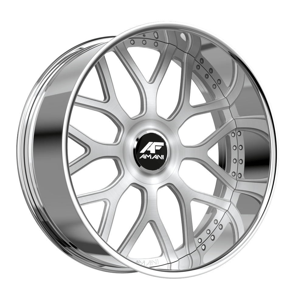 Amani Forged ALLORA 26x9 5x120 5x127 +1 Cb 78.1 Brush Center Chrome Lip Large XL Cap Flat