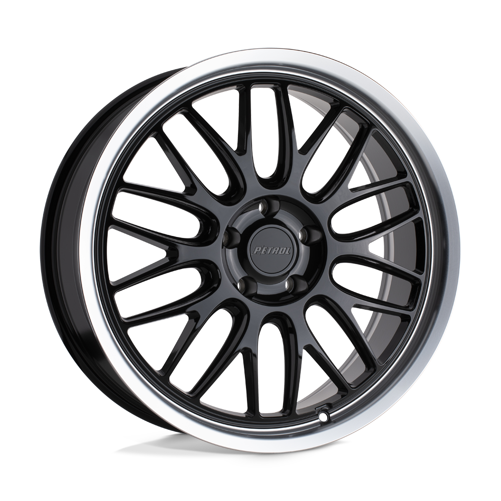 20x8.5 Petrol P4C GLOSS BLACK W/ MACHINED CUT LIP Wheel 5x108 (40mm)