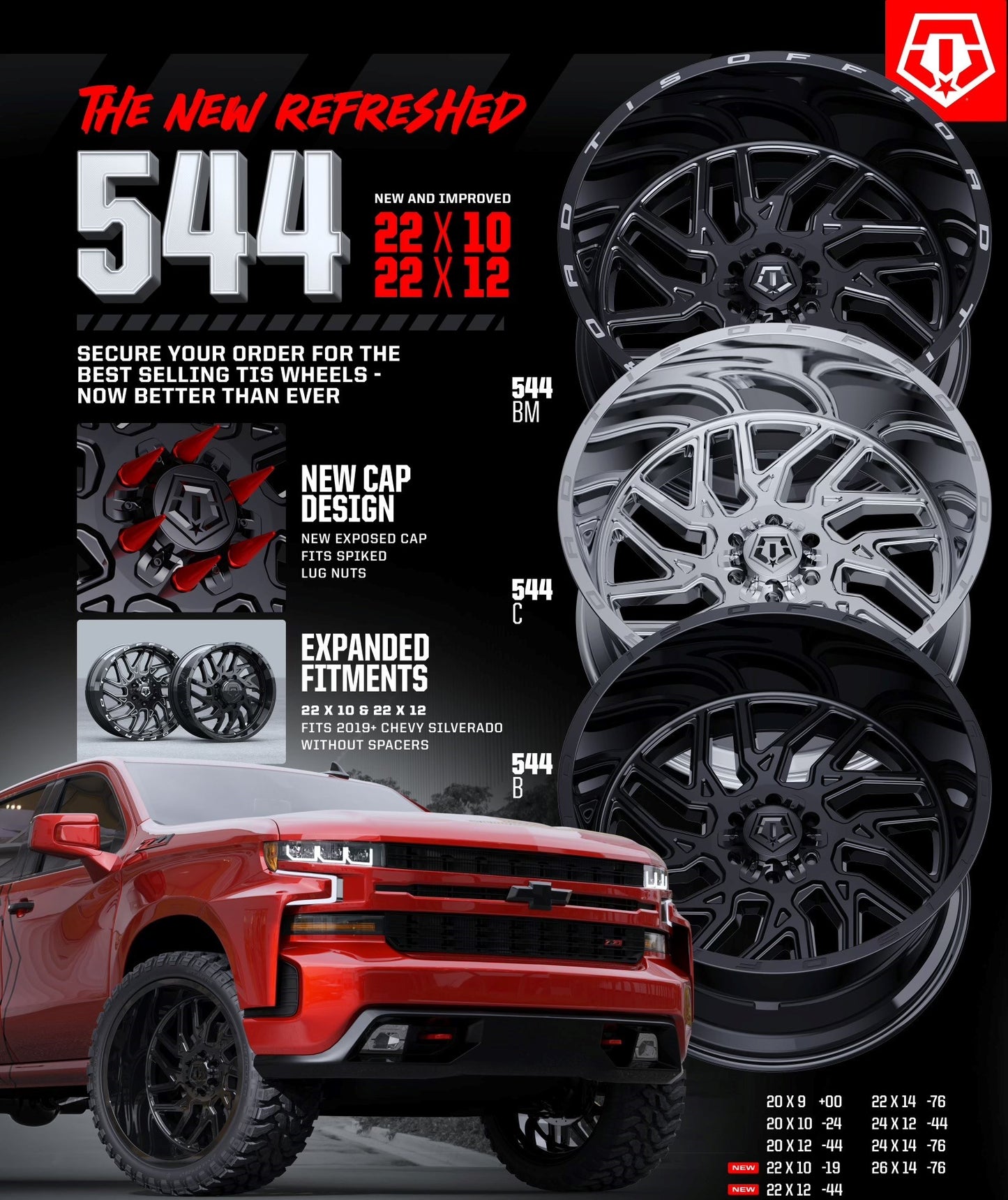 20x10 TIS 544MB Gloss Black w/Machined Face Wheel 8x170 (-25mm)