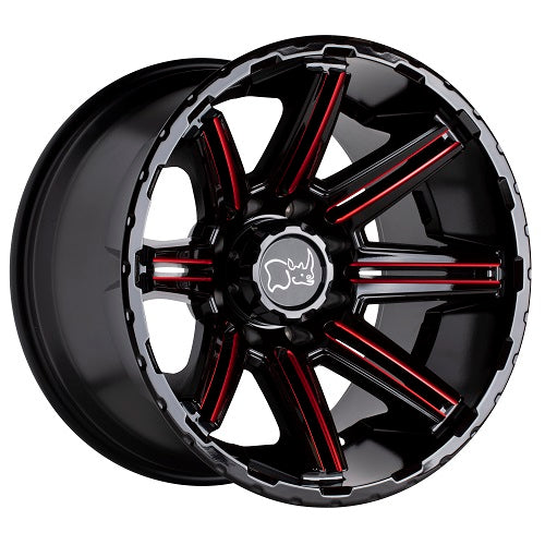 20x12 Black Rhino RAMPAGE Gloss Black W/Red Milled Spokes Wheel 5x5 (-44mm)