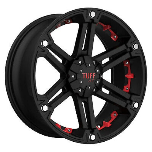 17x8 Tuff T01 FLAT BLACK W/ RED INSERTS Wheel 5x4.5/5x5 (10mm)