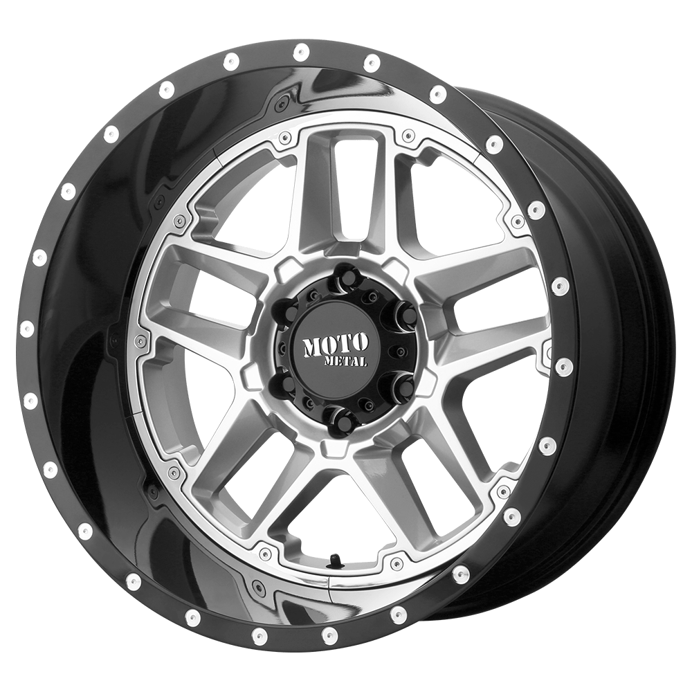 22x10 Moto Metal MO987 SENTRY Gloss Silv Ctr Gloss Blk Lip Wheel 6x5.5 (-18mm)