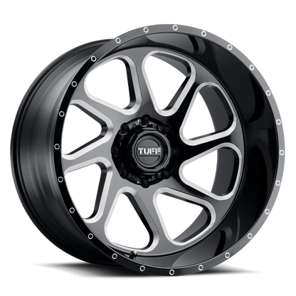24x14 Tuff T2B GLOSS BLACK W/ MILLED SPOKES Wheel 8X6.5 (-72mm)