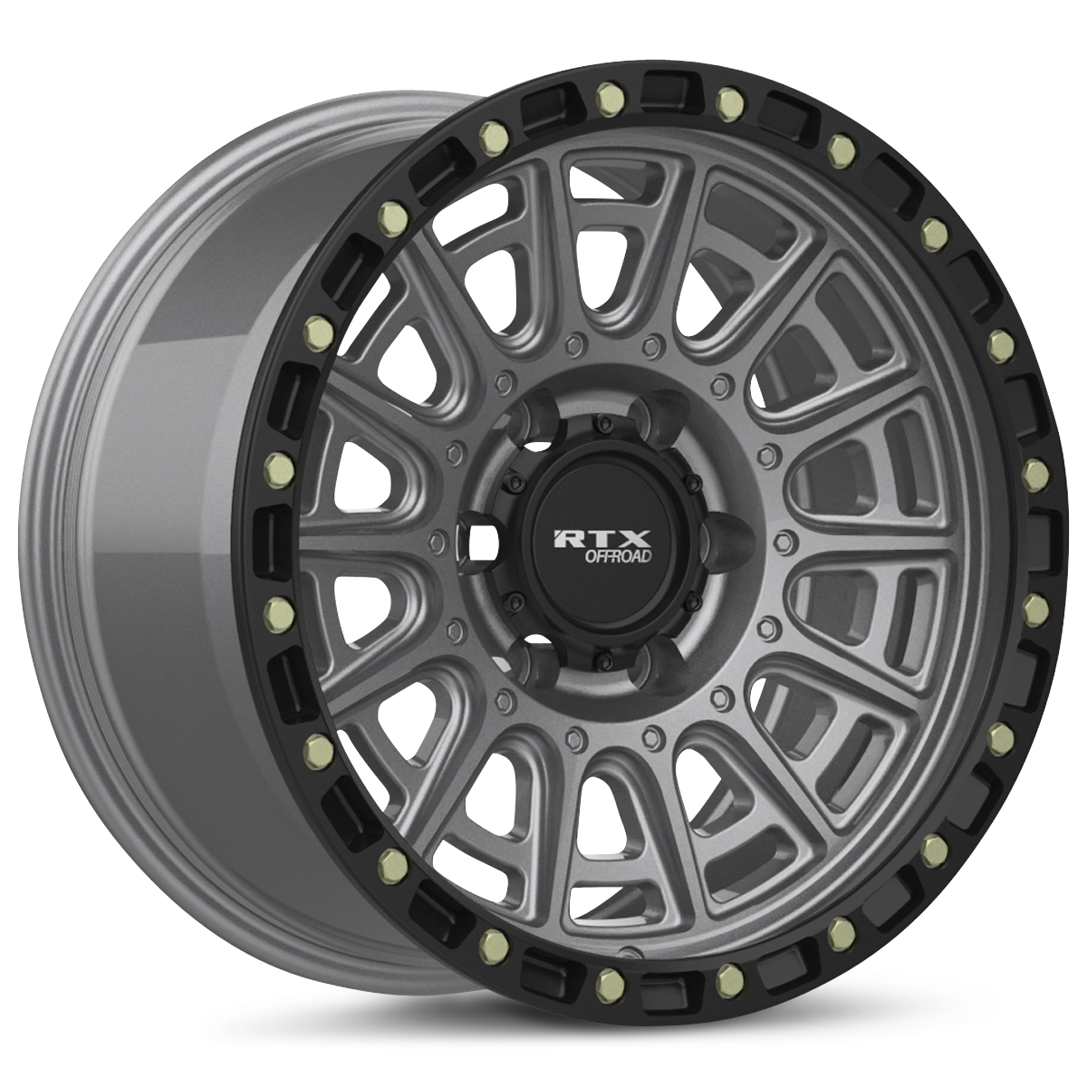 17x8.5 RTX Striker Matte Gunmetal Black Lip and Milled Rivets Wheel 6x5.5 (10mm)