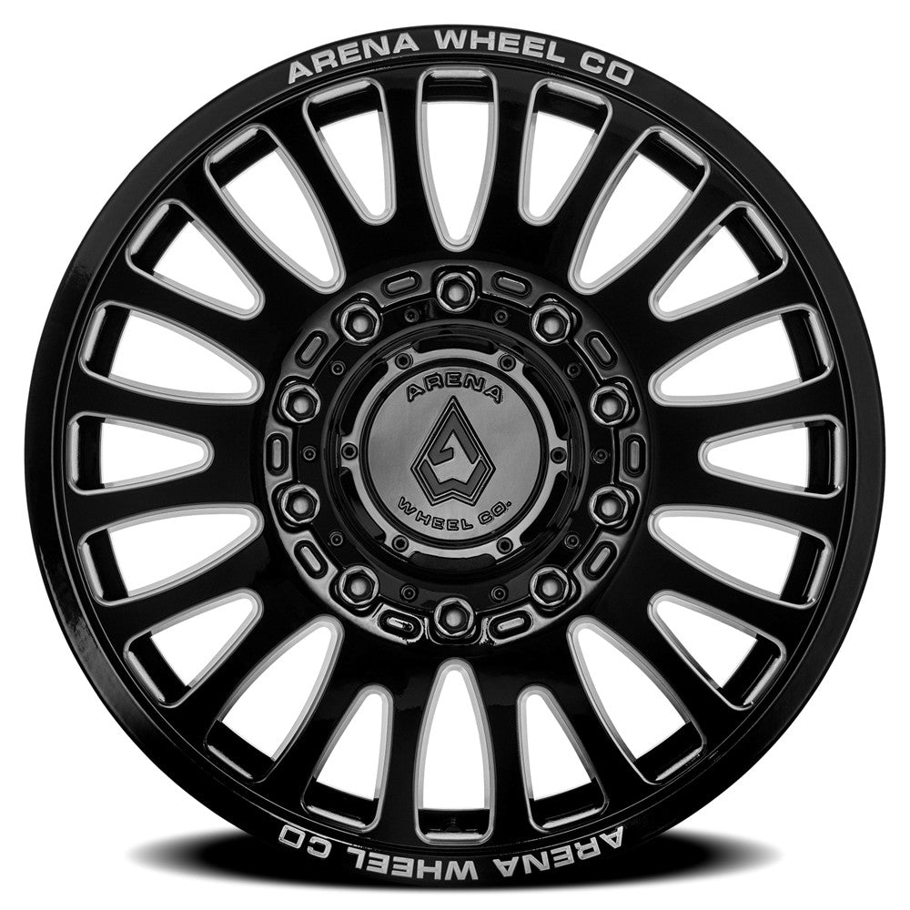 24x8.25 Arena A136 Sultan Gloss Black & Milled DUALLY FRONT Wheel 10x225 (100mm)