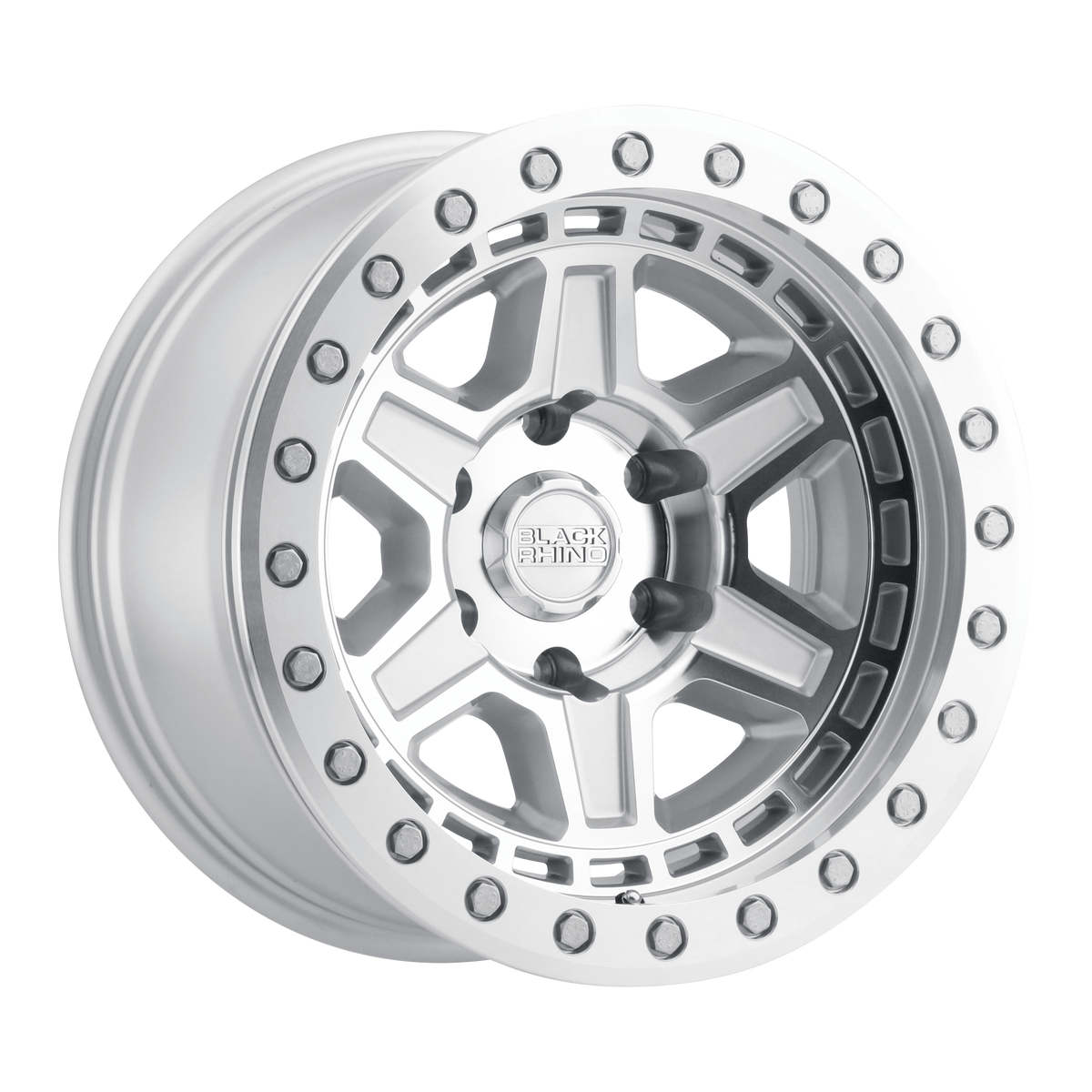 17x8.5 Black Rhino Reno BEADLOCK Silver W/Mirro Face BOLTS Wheel 6x5.5 (-30mm)