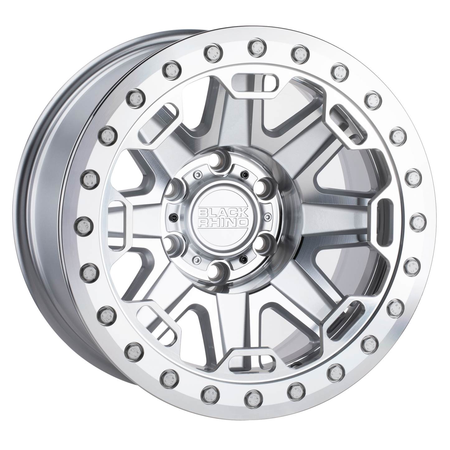 17x8.5 Black Rhino RIFT SILVER W/ MIRROR FACE & MACH RING Wheel 8X6.5 (-38mm)