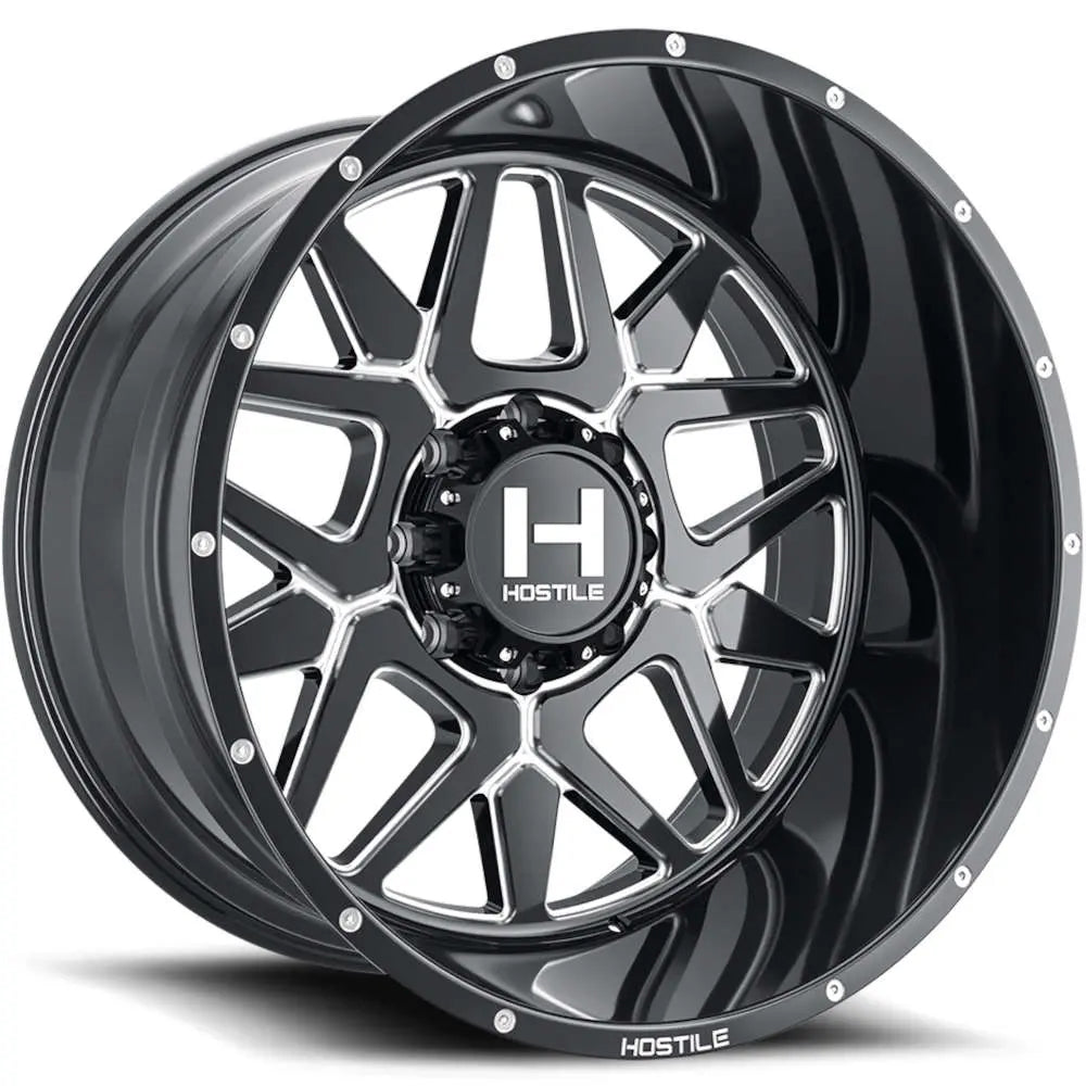 24x14 Hostile H128 Diablo Blade Cut (Gloss Black & Milled) Wheel 8x180 (-76mm)