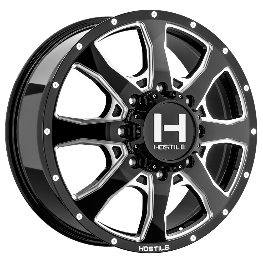 20x8.25 Hostile H403 Kodiak Dually Front Gloss Blk Milled Wheel 8x200 (123mm)