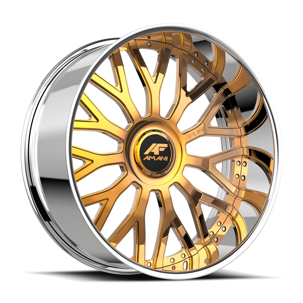 Amani Forged SORLENO 24x9.5 5x120 5x127 -12 Cb 73.1 14K Gold Plated Large XL Cap Flat
