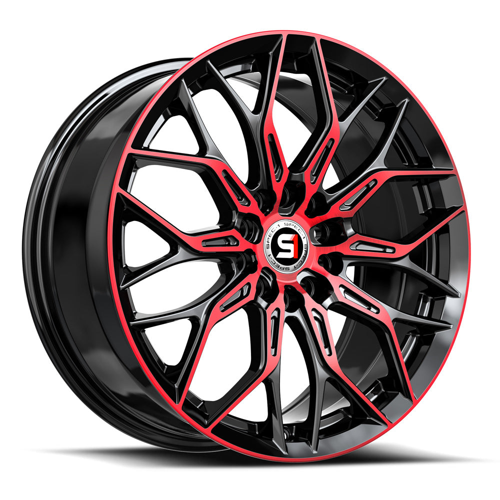 Spec-1 SP-57 18x8.0 5x110 5x114.3 +38 Cb 73.1 Gloss Black & Red Machined