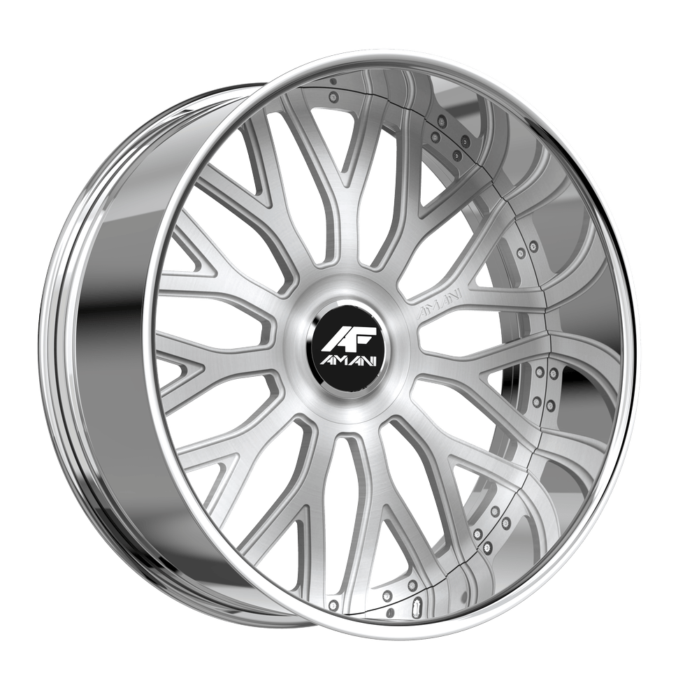 Amani Forged SORLENO 26x9 5x120 5x127 +1 Cb 78.1 Brush Center Chrome Lip Large XL Cap Flat