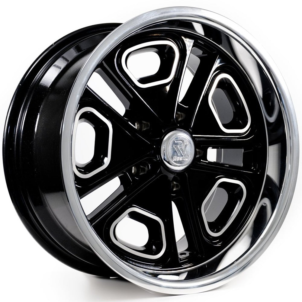18x8 Resto R102 Del Ray Gloss Black Milled Diamond Cut Lip Wheel 5x4.5 (1mm)